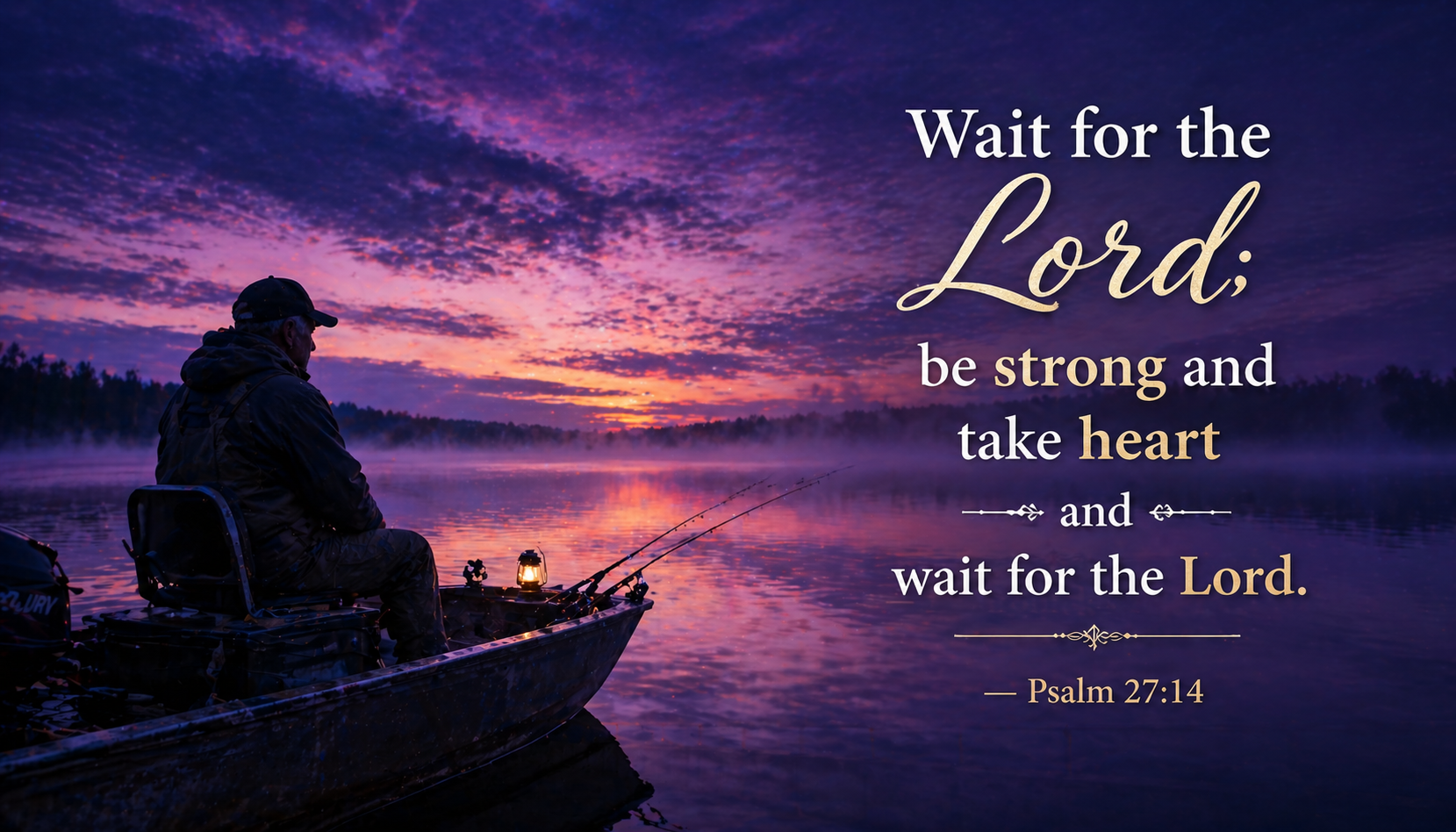 Bible verse wallpaper Psalm 27:14 with fisherman sitting in boat before dawn with lines cast on calm lake pre-dawn sky